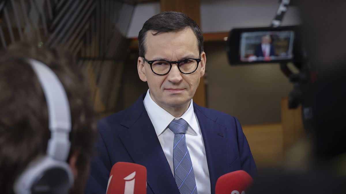 Prime Minister of Poland Mateusz Morawiecki arrives at the EUCO, the EU leaders summit, does a stand-up statement and talks to the media while answering questions from journalists and the press. European Council in Brussels in Belgium on 15 December 2022  (Photo by Nicolas Economou/NurPhoto via Getty Images)