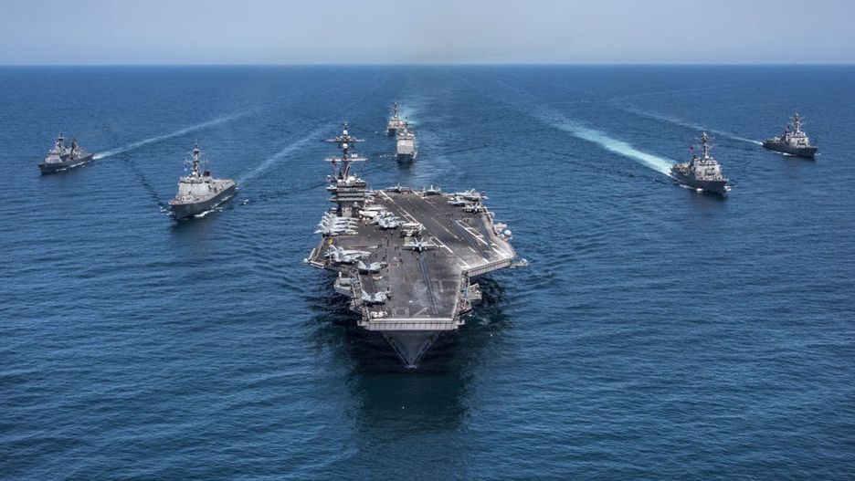 Strike Force Patrols Western Pacific OceanPACIFIC OCEAN - MAY 3:  In this handout provided by the U.S. Navy, the Republic of Korea destroyers Sejong the Great (DDG 991) and Yang Manchun (DDH 973), the Arleigh Burke-class guided-missile destroyers USS Wayne E. Meyer (DDG 108), USS Michael Murphy (DDG 112) and USS Stethem (DDG 63), the Ticonderoga-class guided-missile cruiser USS Lake Champlain (CG 57) and the Nimitz-class aircraft carrier USS Carl Vinson (CVN 70) patrol May 3, 2017 in the western Pacific Ocean. The U.S. Navy has patrolled the Indo-Asia-Pacific routinely for more than 70 years promoting regional peace and security. (Photo by Z.A. Landers/U.S. Navy via Getty Images)U.S. Navy