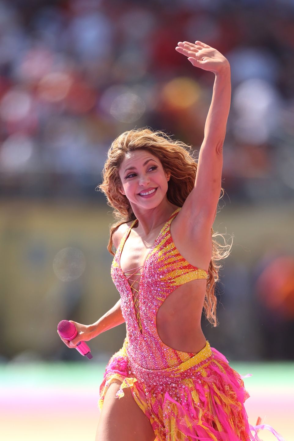 EAST RUTHERFORD, NEW JERSEY - JULY 19: Shakira performs during the Topps Final Halftime Show the FIFA World Cup 2026 Final match between Spain and Argentina at New York New Jersey Stadium on July 19, 2026 in East Rutherford, New Jersey. (Photo by Lars Baron/Getty Images)