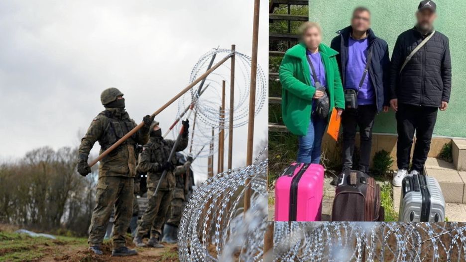 Budowa zapory przy grnaicy z Rosją w woj. warmińsko-mazurskim. Na mniejszym zdjęciu migranci do których zatrzymania przyznaje się rosyjska służba FSB