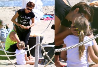 Zrelaksowana Dorota Gardias w dmuchanym kole ratunkowym na głowie pozuje na plaży w Sopocie (ZDJĘCIA)