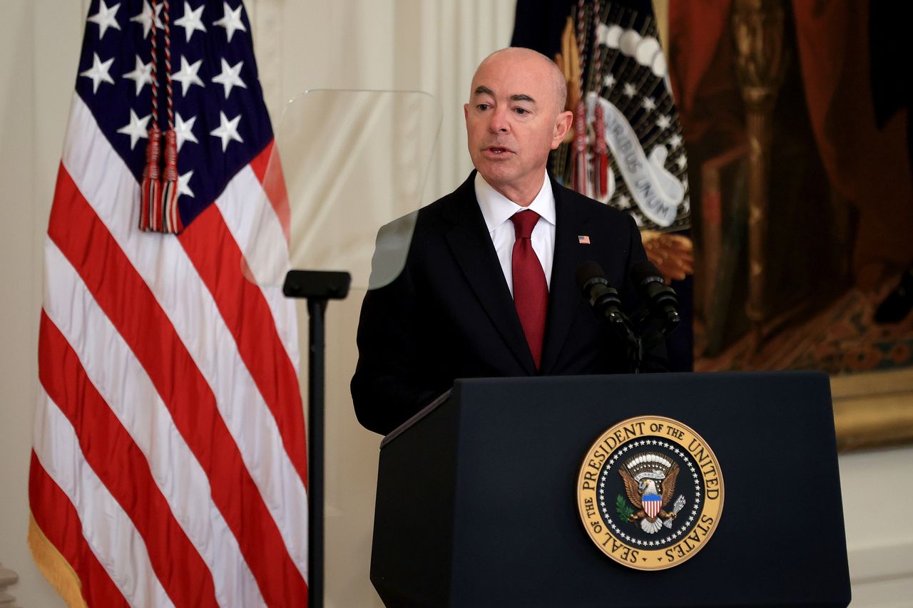 WASHINGTON, DC - JULY 02: United States Homeland Security Secretary Alejandro Mayrokas delivers remarks during a naturalization ceremony in the East Room of the White House on July 02, 2021 in Washington, DC. Twenty-one people were sworn in as naturalized citizens during the ceremony. (Photo by Chip Somodevilla/Getty Images)