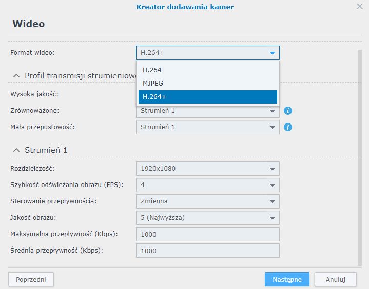 Ustawienia wideo dodawanej kamery: do wyboru między innymi kodek strumienia.