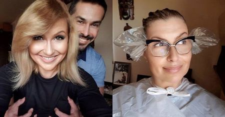 Figlarna Katarzyna Skrzynecka z dłońmi męża na biuście chwali się efektami domowego farbowania włosów (FOTO)