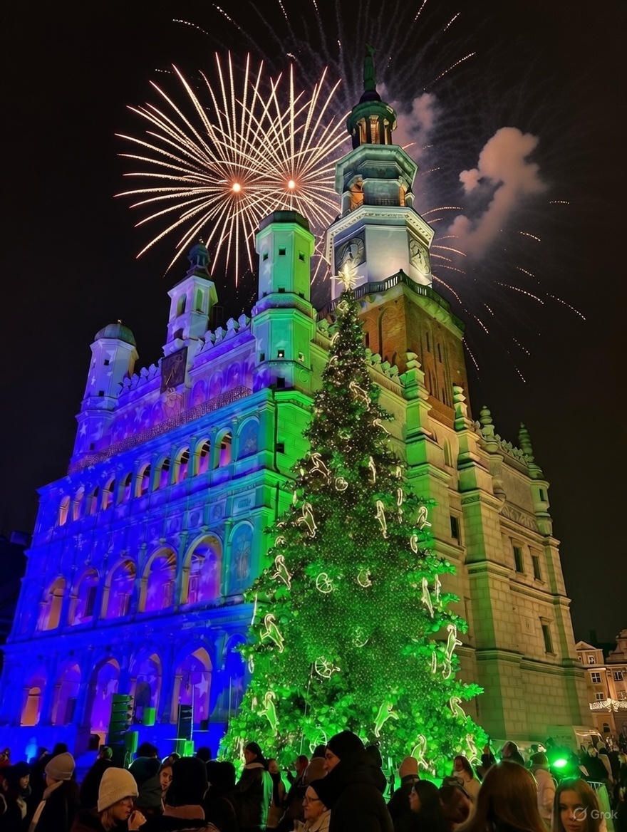 Sylwestrowa noc pod znakiem pożarów w Wielkopolsce. Zapaliła się choinka na Starym Rynku w Poznaniu