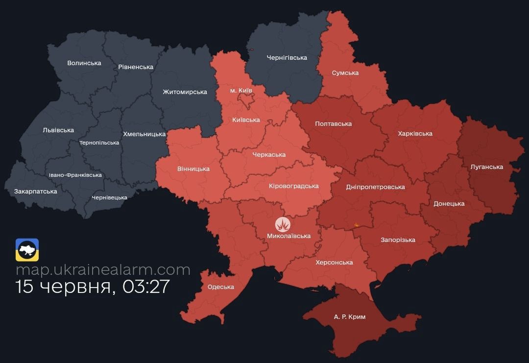 Mapa nocnych alarmów przeciwlotniczych w Ukrainie