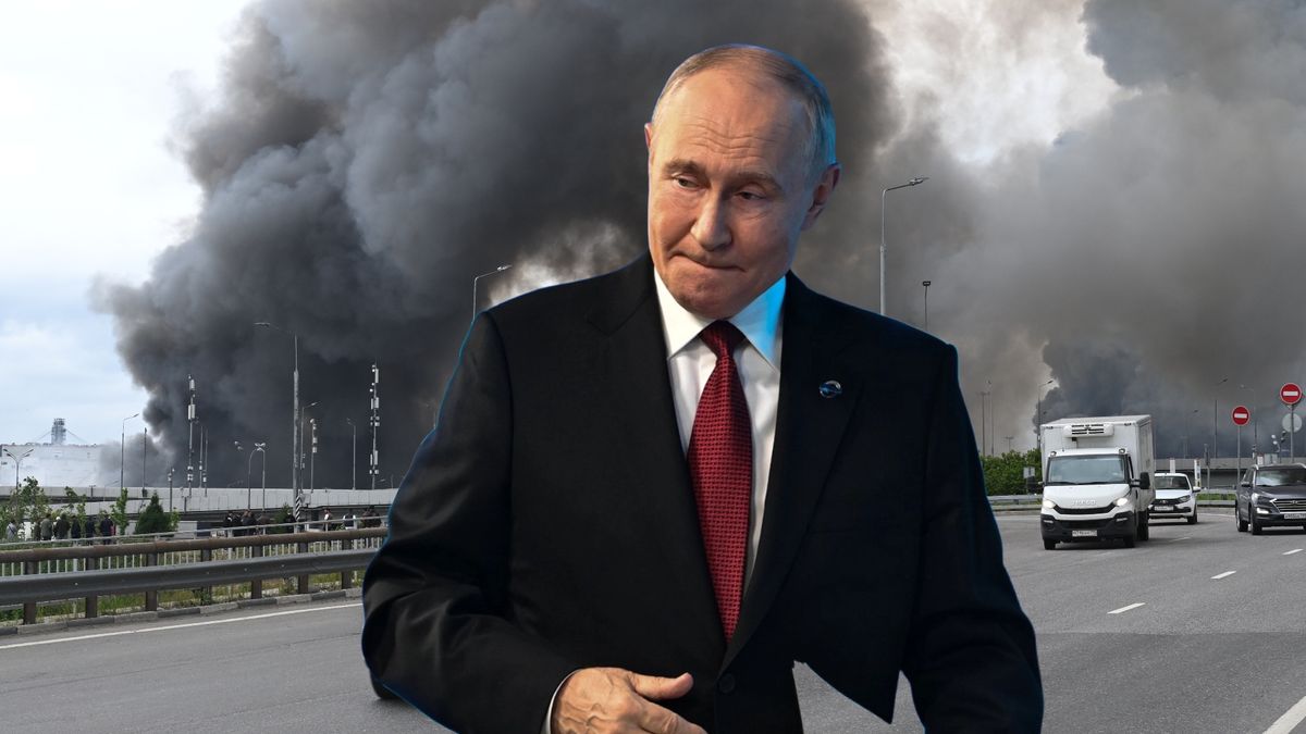 Na kolażu: rosyjski prezydent Władimir Putin i dym unoszący się z podmoskiewskich obiektów naftowych 18 czerwca 2026 r.