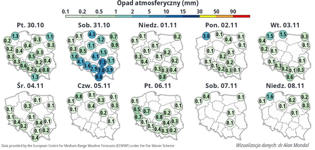Prognozowane opady atmosferyczne.