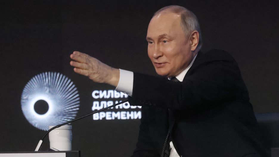 MOSCOW, RUSSIA - FEBRUARY 20 (RUSSIA OUT) Russian President Vladimir Putin reacts during the Strong Ideas For The New Times Forum, on February 20, 2024 in Moscow, Russia. Putin visited a forum, hosted by the Agency for Strategic Initiatives prior to the 2024 Presidential Election, planned on March. (Photo by Contributor/Getty Images)