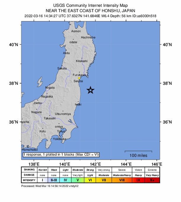  epa09829020 A handout shakemap made available by the United States Geological Survey (USGS) shows the location of a 6.4-magnitude earthquake hitting near Namie, Japan, 16 March 2022. The epicenter of the earthquake was recorded 62 kilometres east-northeast from Namie at a depth of 56 kilometres, the USGS said. A 7.3-magnitude earthquake was recorded in the same region shortly afterwards.  EPA/USGS HANDOUT  HANDOUT EDITORIAL USE ONLY/NO SALES Dostawca: PAP/EPA.