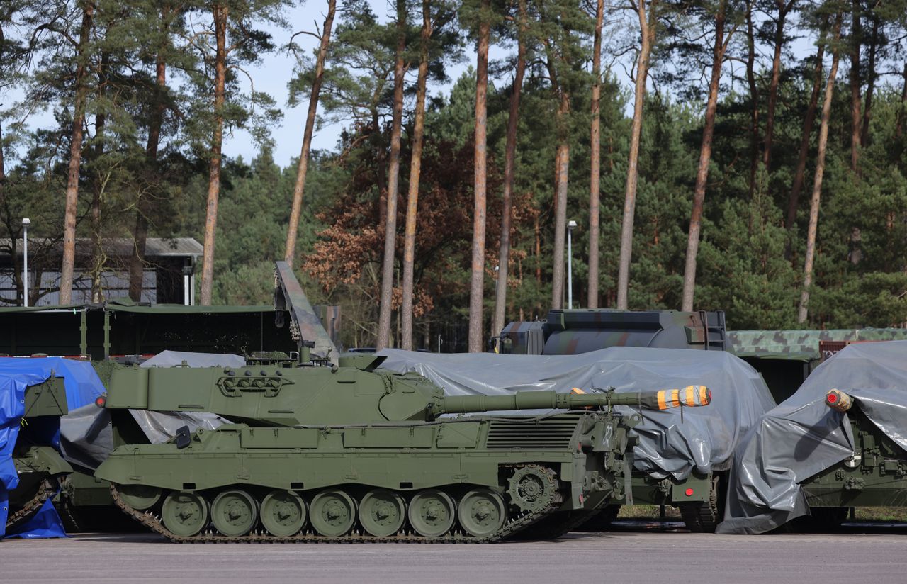 KLIETZ, GERMANY - FEBRUARY 23: Leopard 1A5 main battle tanks destined for Ukraine stand at a military training center where Ukrainian crews are receiving training on February 23, 2024 near Klietz, Germany. The Bundeswehr, Germany's armed forces, is training Ukrainians on the Leopard 1A5 main battle tank and the Marder infantry fighting vehicle as part of an ongoing program to supply Ukraine with weaponry. Tomorrow will mark the 2nd anniversary of Russia's invasion of Ukraine as Russian forces appear to be gaining momentum against munitions-starved Ukrainian defenders. (Photo by Sean Gallup/Getty Images)