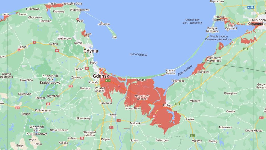Na mapie można zaobserwować, jakie tereny w Polsce znalazłyby się pod wodą, gdyby poziom mórz wzrósł o 1,5 metra, zamiast prognozowanego metra. Woda zabrałaby wielkie połacie Gdańska, Nowego Dworu Gdańskiego i Elbląga oraz Szczecina.