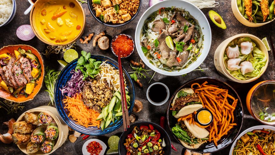 Top view composition of various Asian food in bowls, free space for text
stone, dark, black, shebby, vietnamese, dinner, noodles, stick, chopstick, thai, asia, healthy, asian, food, over, white, plank, old, grunge, cuisine, lunch, meal, dish, bowl, sauce, rice, restaurant, plate, pepper, chinese, chopsticks, meat, table, top, hot, traditional, curry, background, green, fresh, vegetable, view, china, flat lay, diet, gourmet, delicious, homemade
