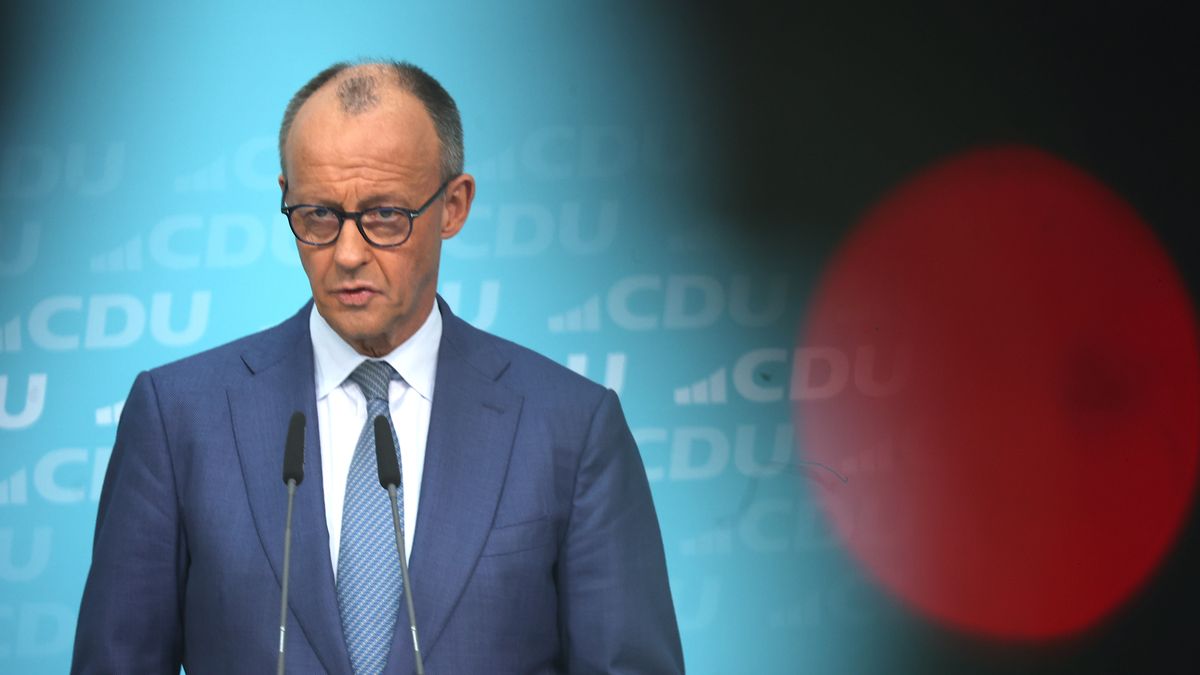 CDU Leader and Federal Chancellor Friedrich Merz and candidate of the Rheinland-Pfalz State elections Gordon Schnieder speak to the media after a CDU executive committee meeting in Berlin, Germany, on March 23, 2026. (Photo by Christian Marquardt/NurPhoto via Getty Images)