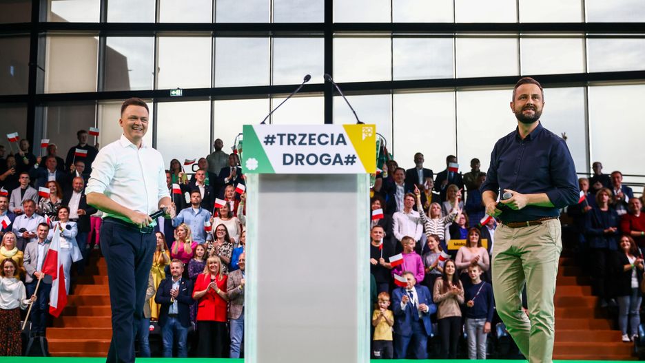 Szymon Holownia (L) and Wladyslaw Kosiniak-Kamysz (R) are seen during The Third Way (Trzecia Droga) convention held a week ahead of Polish parliamentary elections. Krakow, Poland on October 7th, 2023. The Third Way is a political alliance formed before the 2023 parliamentary election by centre-right Poland 2050 party led by Szymon Hoownia and Polish People's Party (PSL) lead by Wladyslaw Kosiniak Kamysz.  (Photo by Beata Zawrzel/NurPhoto via Getty Images)