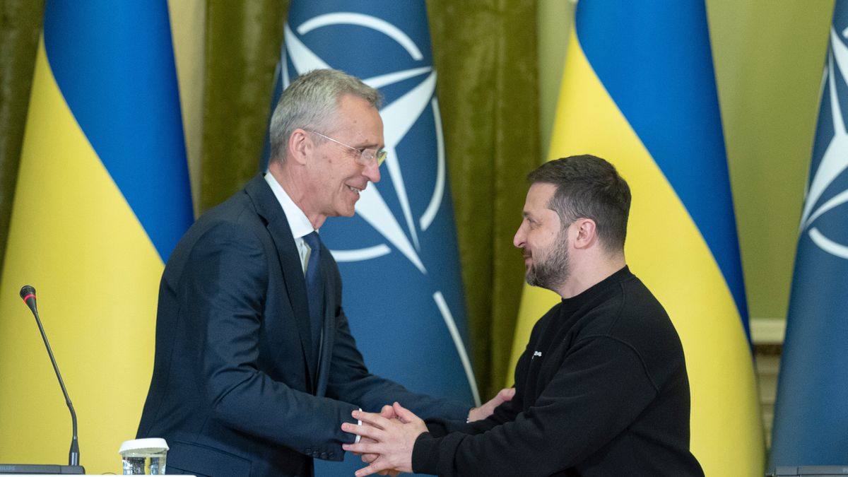 Jens Stoltenberg, secretary general of the North Atlantic Treaty Organization (NATO), left, shakes hands with Volodymyr Zelenskiy, Ukraine's president, at a news conference in Kyiv, Ukraine, on Thursday, April 20, 2023. The US is opposing efforts by some European nations to offer Ukraine a clear "road map" to NATO membership at the alliance's July summit in Lithuania, the Financial Times reported, citing four officials involved in the talks.  Photographer: Andrew Kravchenko/Bloomberg via Getty Images