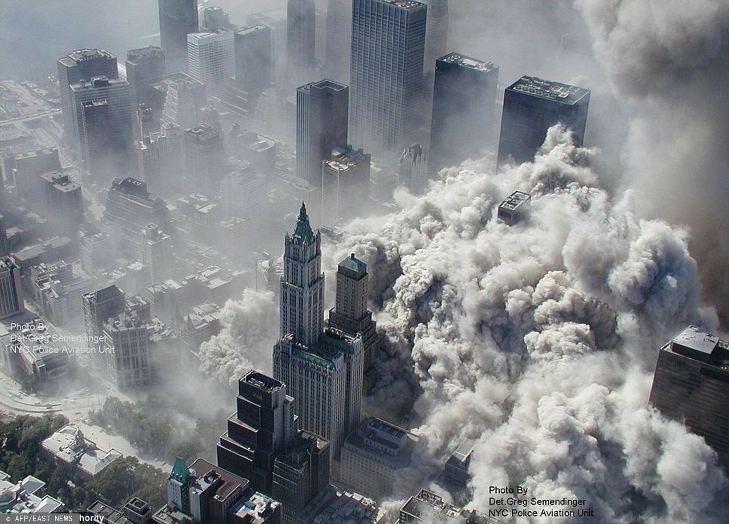 AFP-NEWSPHOTO: AFP/EAST NEWS (FILES): This newly released aerial photograph made on September 11, 2001 by the New York City Police Department and provided on February 10, 2010 by ABC News shows the collapsing World Trade Center in New York following attacks by terrorists who flew two airliners into the towers. This and other aerial photos from the 9/11 attacks were obtained by ABC News, who in 2009 filed a Freedom of Information Act request with the National Institute of Standards and Technology.     CREDIT MANADTORY: Courtesy of ABC News / NYPD / Detective Greg Semendinger via AFP      == RESTRICTED TO EDITORIAL USE / NO SALES / NO ARCHIVES / NO SUB-LICENSING ==Greg Semendinger
