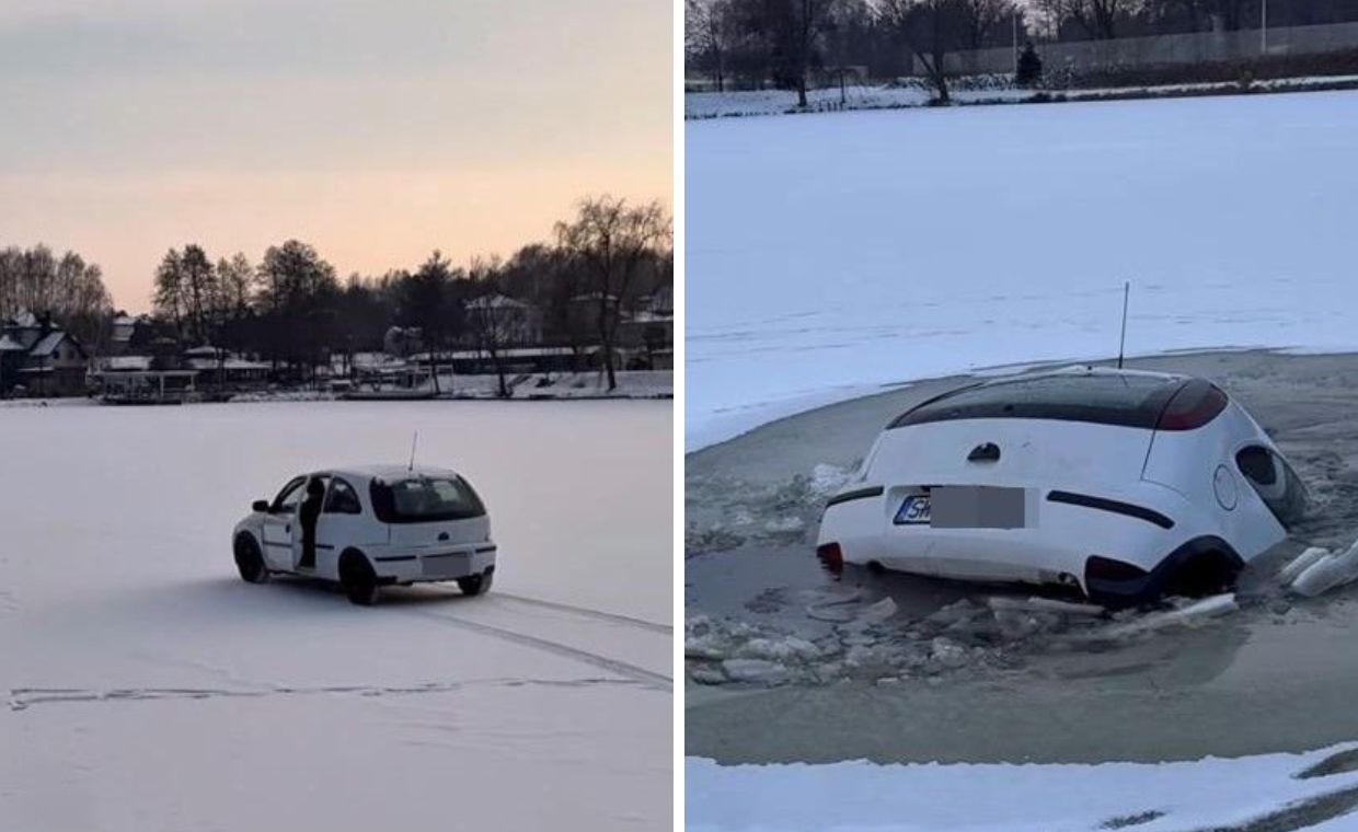 Jeździł autem po zamarzniętym stawie. Samochód utonął