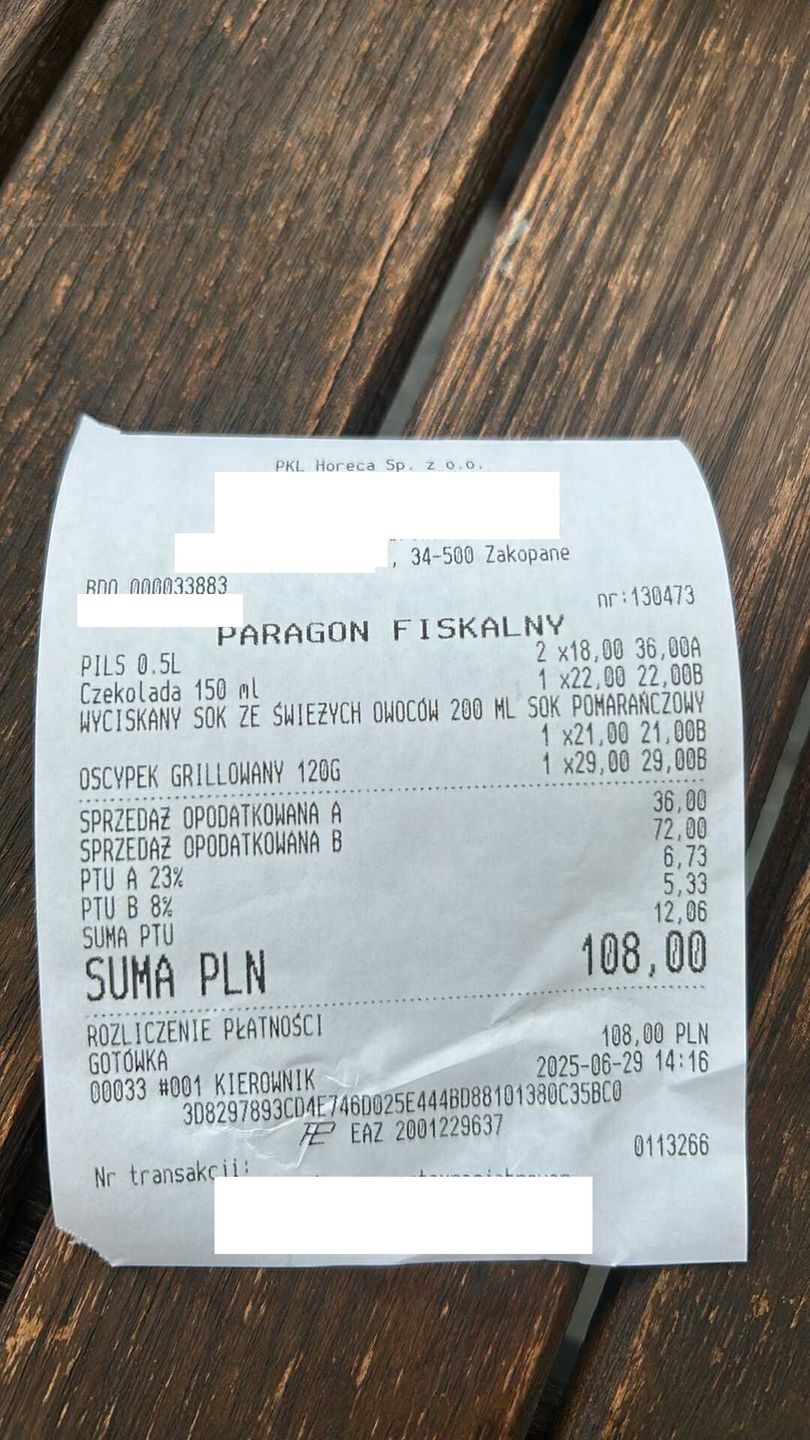 Paragon z restauracji w centrum Zakopanego