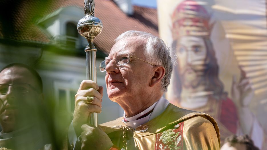 Bishop Marek Jedraszewski walk in the procession of the Holy Body and Blood of Christ in the Old Town of Krakow on June 3, 2021.  Traditional procession of Catholic church has very important place in Polish calendar. Polish Catholic Church hierarchy, including bishop Marek Jedraszewski and cardinal Stanislaw Dziwisz participates in this procession. (Photo by Dominika Zarzycka/NurPhoto via Getty Images)