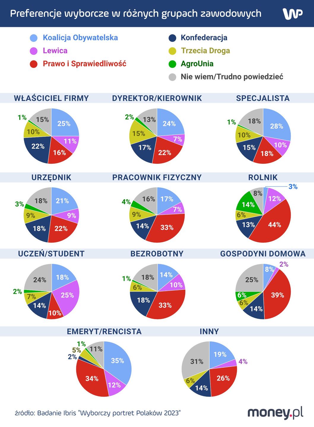 Preferencje grup zawodowych. Źródło: IBRiS "Wyborczy portret Polaków 2023". Badanie zrealizowane w okresie czerwiec-lipiec na próbie 1585 osób 