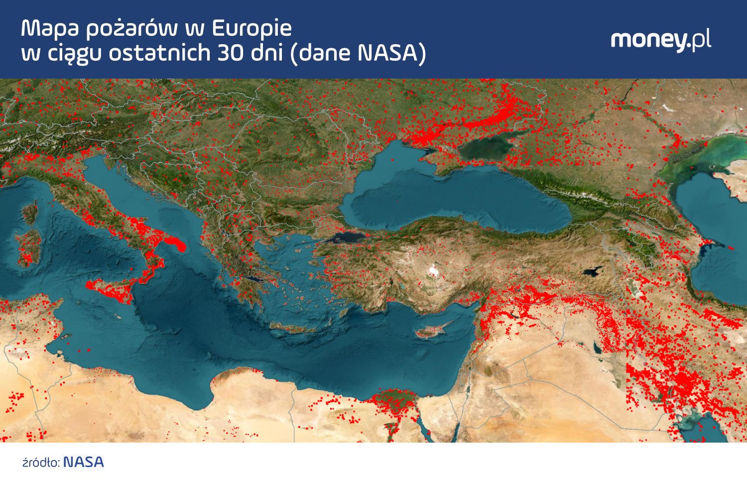Mapa pożarów w Europie w ciągu ostatnich 30 dni (dane NASA)