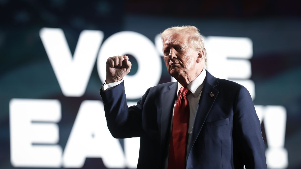 DETROIT, MICHIGAN - OCTOBER 18: Republican presidential nominee, former U.S. President Donald Trump, reacts to the crowd after speaking at a campaign rally on October 18, 2024, in Detroit, Michigan. There are 17 days remaining until the U.S. presidential election, which will take place on Tuesday, November 5, 2024. (Photo by Win McNamee/Getty Images)