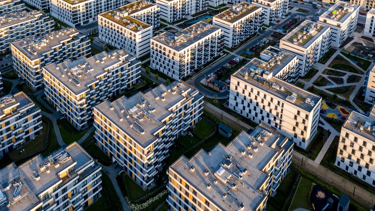 KRAKOW, MALOPOLSKIE, POLAND - 2024/07/30: (EDITORS NOTE: Image taken with drone) 
An aerial view shows a newly built housing estate in the northern part of Krakow. According to a report by the Polish Economic Institute, the Polish housing market is expected to stabilize after experiencing one of the EU's largest increases in house prices in 2024. Real estate prices are projected to stabilize at about 10 percent above 2023 levels. Poland ranks at the top, while many European countries have recorded a drop in prices. (Photo by Dominika Zarzycka/SOPA Images/LightRocket via Getty Images)