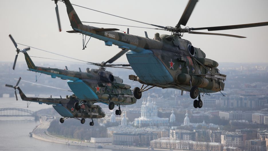 ST PETERSBURG, RUSSIA - MAY 7, 2022: Mil Mi-8 helicopters are seen in flight during the dress rehearsal of a Victory Day air show, which is scheduled to be held on 9 May to mark the 77th anniversary of Allied Victory in WWII. Valentin Yegorshin/TASS