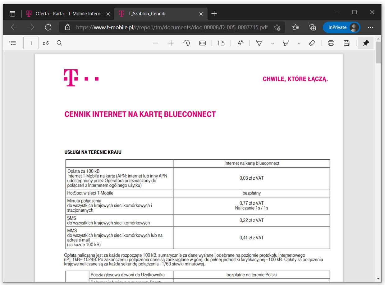 Cennik Internet na kartę BlueConnect