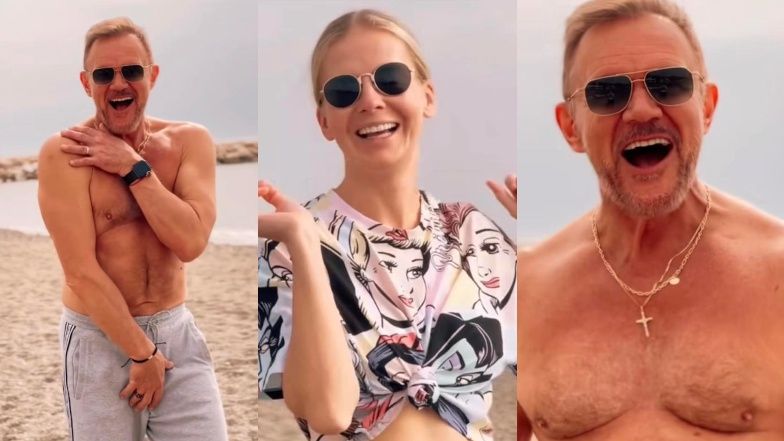 Cezary Pazura i Edyta Pazura bawią się na plaży
