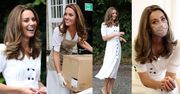 Zamaseczkowana Kate Middleton w szmizjerce za 9 tysięcy rozpakowuje paczki w fundacji charytatywnej. Piękna? (ZDJĘCIA)