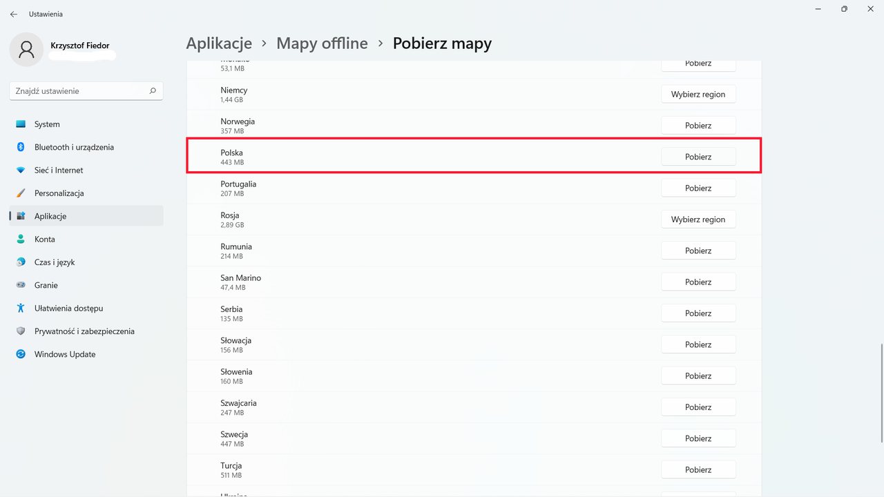Windows 11: wybieram kraj, którego mapę chcemy pobrać