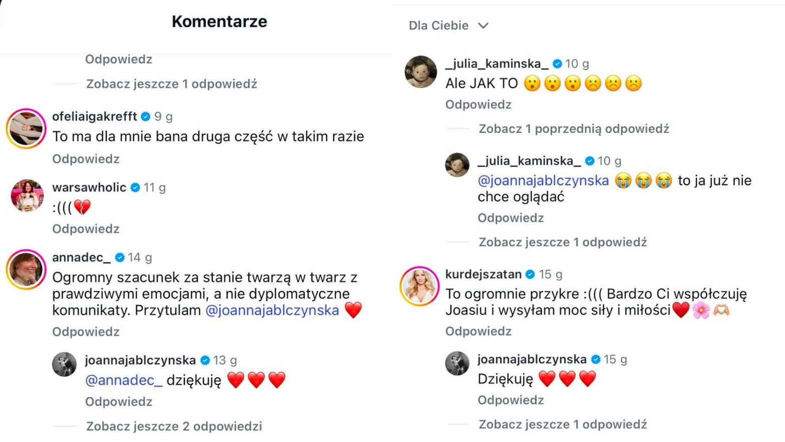 Komentarze gwiazd pod postem Jabłczyńskiej