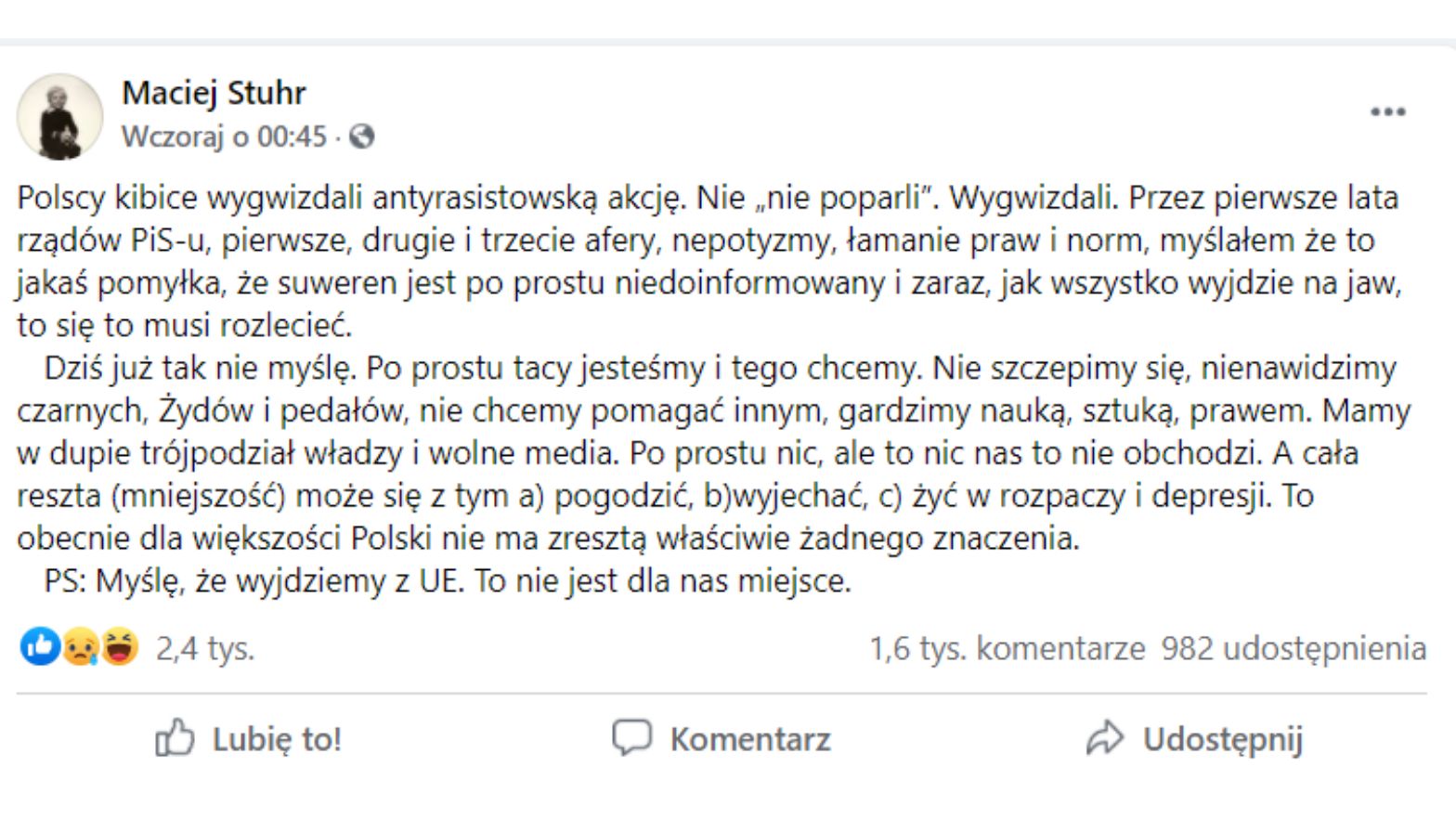 "Polscy kibice wygwizdali antyrasistowską akcję. Nie 'nie poparli'. Wygwizdali"