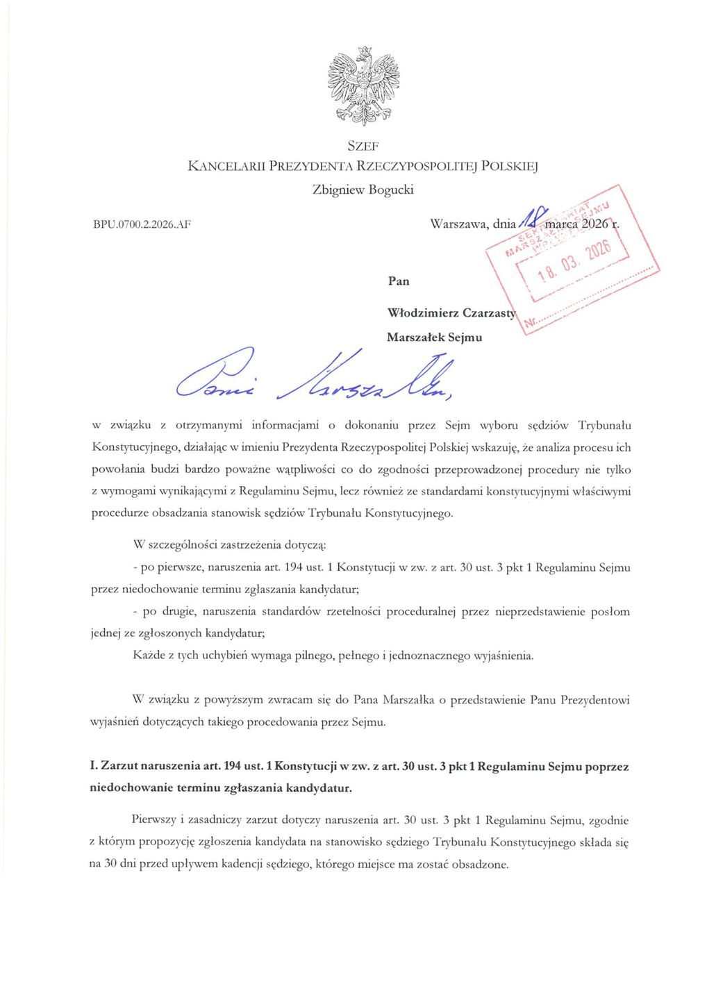 Pismo prezydenta do marszałka Sejmu ws. TK