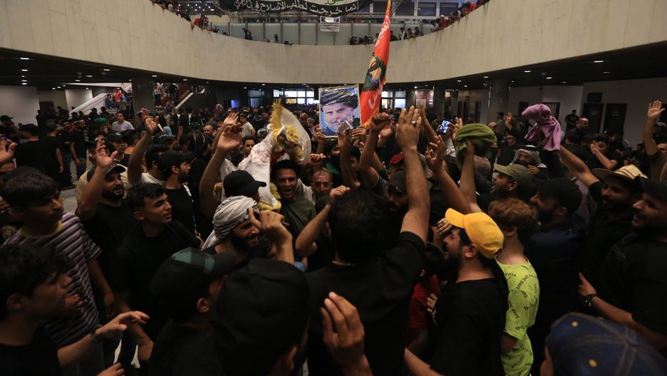 BAGDAD, IRAQ - JULY 31: Supporters of Shiite cleric Moqtada al-Sadr continue sit-in protesting Mohammed Shia' al-Sudani chosen by the "Coordination Framework" alliance as a candidate to head the next government after storming the Iraqi parliament building in Baghdad's fortified Green Zone for the second time in a week in Baghdad, Iraq on July 31, 2022. (Photo by Murtadha Al-Sudani/Anadolu Agency via Getty Images)