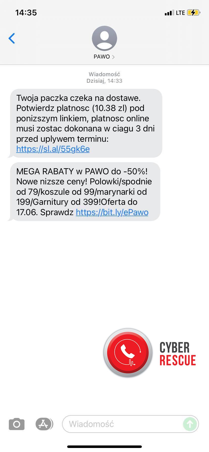 Przykład fałszywej wiadomości SMS