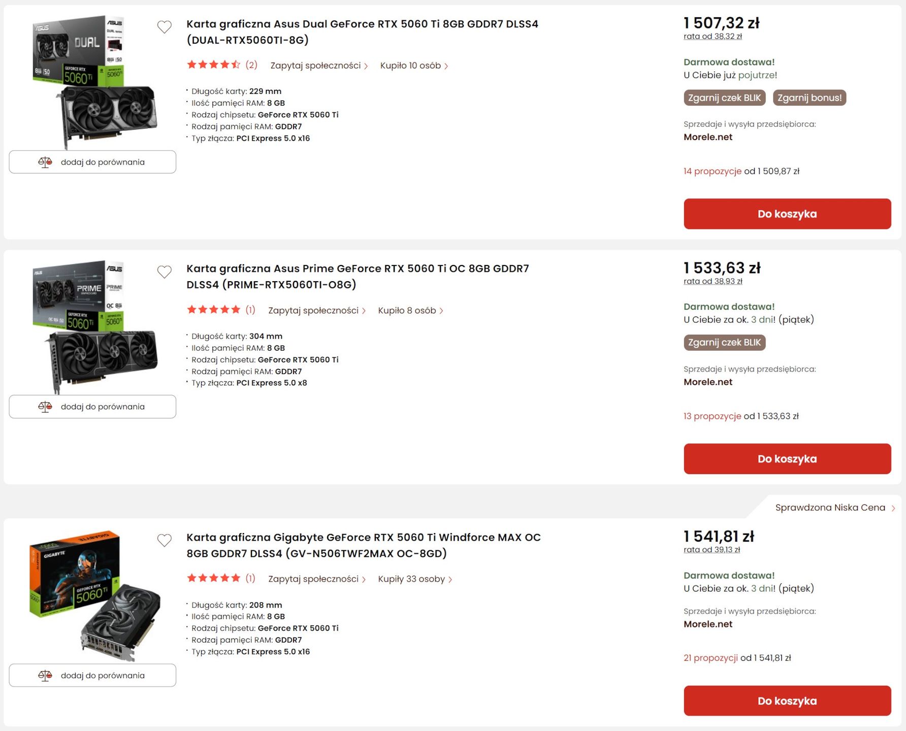 W tym samym sklepie taniej znajdziemy modele GeForce RTX 5060 Ti