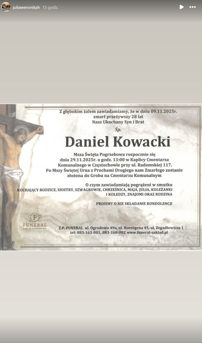 Partnerka Daniela Kowackiego opublikowała nekrolog.