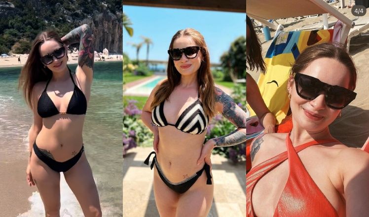 Ewelina Lisowska w trzech różnych kostiumach kąpielowych