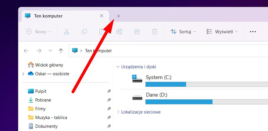 Przycisk nowej karty w eksploratorze plików Windowsa 11