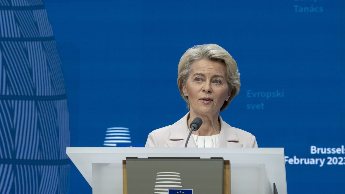 Ursula von der Leyen President of the European Commission as seen speaking at a joint press conference with Charles Michel president of the EUCO and Volodymyr Oleksandrovych Zelenskyy President of Ukraine. The president is doing statements and answering questions from journalists from international media, after the meeting with the European Leaders heads of states. All three of them chanted ''Slava Ukraini'' translated as Glory to Ukraine, the national Ukrainian salute known as symbol of Ukrainian sovereignty and resistance to foreign aggression. Ukrainian President Zelenskiy attends the EU Leaders Summit, the European Council at the headquarters in Brussels. Zelensky pleads to the allies to deliver combat fighter jet planes to Ukraine. His presence in Brussels was followed after a short trip in London and Paris. Brussels,  Belgium on February 9, 2023 (Photo by Nicolas Economou/NurPhoto via Getty Images)