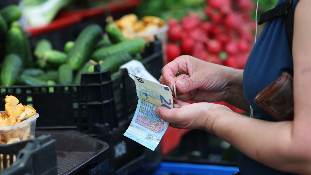 A customer pays for groceries with euro banknotes and coins at a market in Riga, Latvia, on Sunday, July 6, 2025. The Euro indicated weaker against the dollar in early Sydney trading after US President Donald Trump threatened a new 30% tariff rate against the European Union. Photographer: Andrey Rudakov/Bloomberg via Getty Images