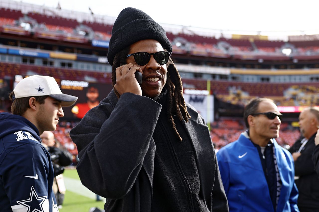 LANDOVER, MARYLAND - NOVEMBER 24: Rapper Jay-Z is seen prior to a game between the Dallas Cowboys and the Washington Commanders at Northwest Stadium on November 24, 2024 in Landover, Maryland. (Photo by Timothy Nwachukwu/Getty Images)