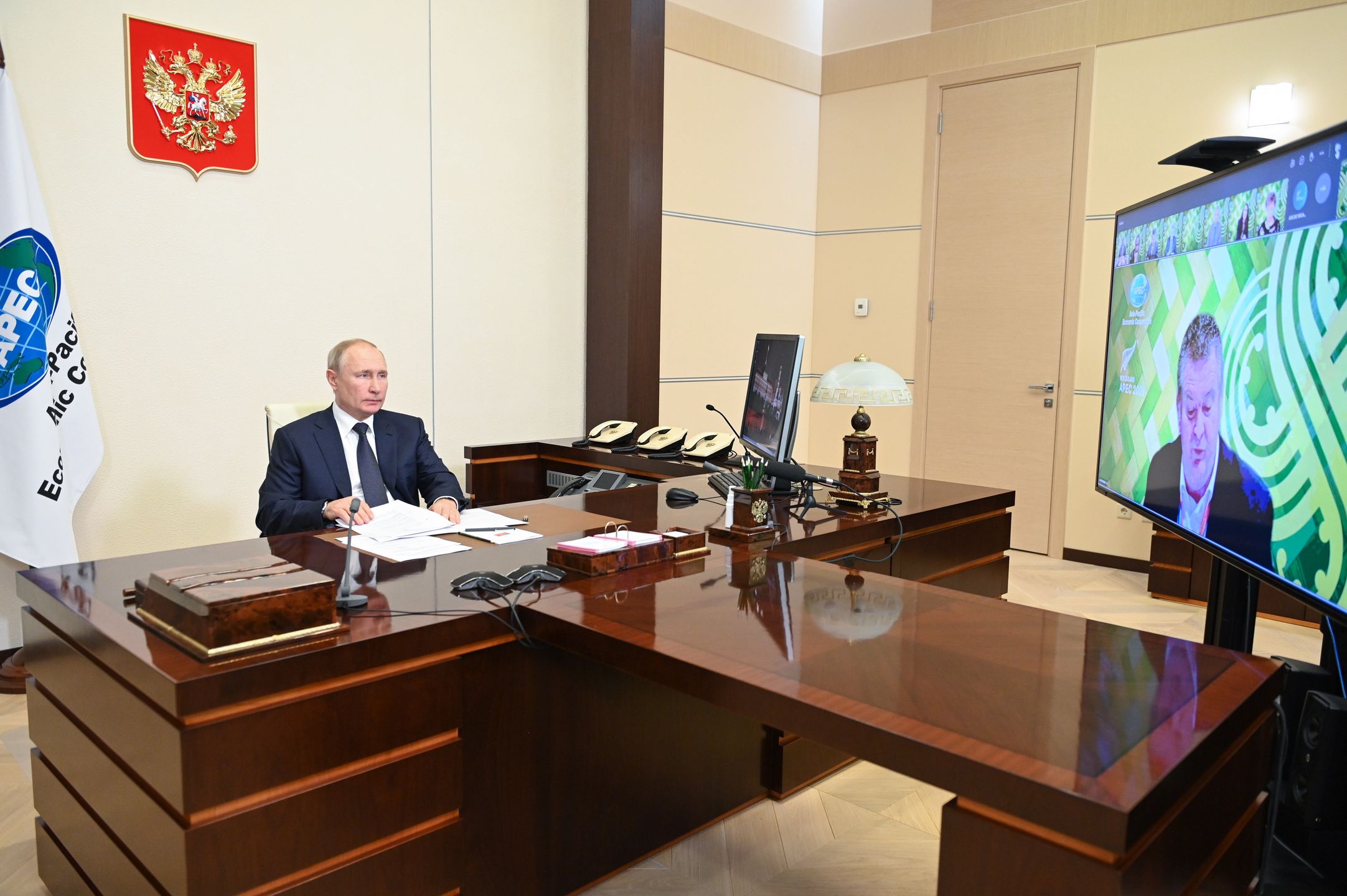MOSCOW REGION, RUSSIA - JULY 16, 2021: Russias President Vladimir Putin takes part in an informal meeting of APEC Economic Leaders (the Asia-Pacific Economic Cooperation forum) via videoconference, at the Novo-Ogaryovo residence. Alexei Nikolsky/Russian Presidential Press and Information Office/TASS (Photo by Alexei Nikolsky\TASS via Getty Images)