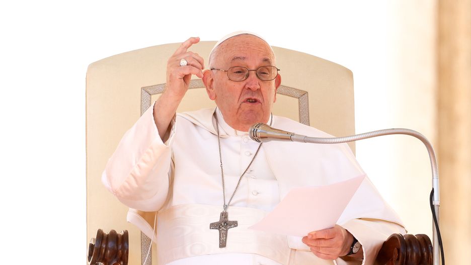 VATICAN CITY, VATICAN - MARCH 15: Pope Francis holds his speech during the weekly general audience at St. Peter's Square on March 15, 2023 in Vatican City, Vatican. The thought of the Holy Father turned, as always, to Ukraine, a country that has been in his prayers at almost every General Audience since the outbreak of war. This week, his appeal contained a special request to the warring parties, asking them to "respect religious sites." (Photo by Franco Origlia/Getty Images)