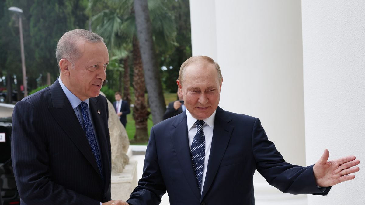 SOCHI, RUSSIA - AUGUST 05: Turkish President Recep Tayyip Erdogan (L) is welcomed by Russian President Vladimir Putin (R) prior to their meeting in Sochi, Russia on August 05, 2022. (Photo by Murat Kula/Anadolu Agency via Getty Images)