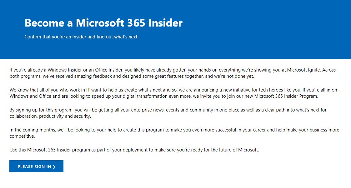 Krótki wstęp poprzedzający rejestrację do programu Microsoft 365 Insider, źródło: Microsoft.